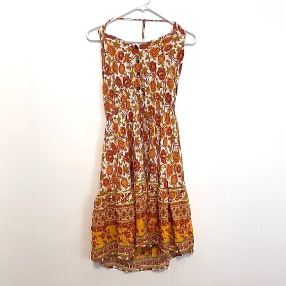 SHEIN White Orange Mustard Floral Border Print Boho Halter Dress ALTERED STRAPS - Picture 2 of 16